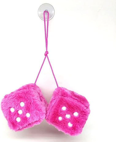 Fuzzy Plush Dice for Car Mirror, Pair of Retro 3” Pink Dice with White Dots for Car Interior Hanging Ornament Decoration