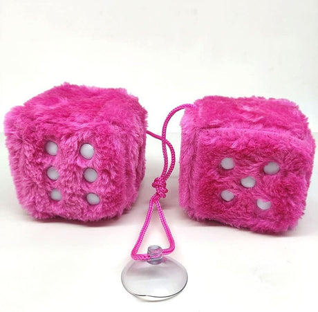 Fuzzy Plush Dice for Car Mirror, Pair of Retro 3” Pink Dice with White Dots for Car Interior Hanging Ornament Decoration
