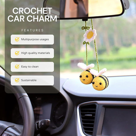 Crochet Bee Car Rear View Mirror Holder, Cute Bumblebee Hanging Ornament, Gift for Bee Lovers, Crochet Lovely Bag Ornament, Automotive Interior Decorations