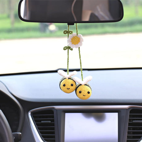 Crochet Bee Car Rear View Mirror Holder, Cute Bumblebee Hanging Ornament, Gift for Bee Lovers, Crochet Lovely Bag Ornament, Automotive Interior Decorations