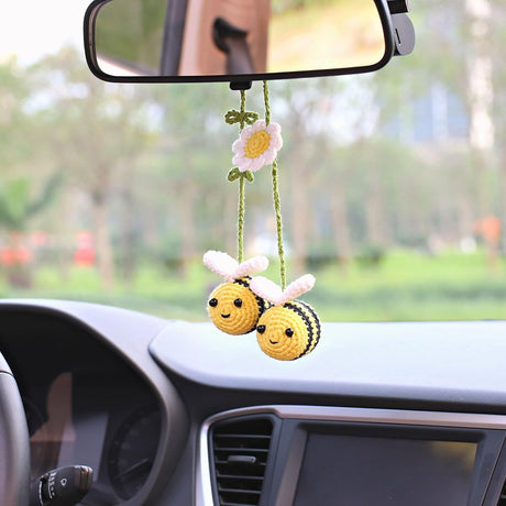 Crochet Bee Car Rear View Mirror Holder, Cute Bumblebee Hanging Ornament, Gift for Bee Lovers, Crochet Lovely Bag Ornament, Automotive Interior Decorations