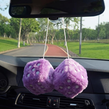 Pair 3” Purple with White Dots Mirror Fuzzy Plush Dice, Purple and White Soft Plush Car Decorative Hanging Ornament