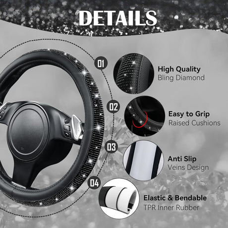 Bling Diamond Leather Steering Wheel Cover, With Sparkly Crystal Glitter Rhinestones Universal Fit 14