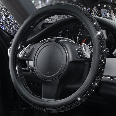 Bling Diamond Leather Steering Wheel Cover, With Sparkly Crystal Glitter Rhinestones Universal Fit 14