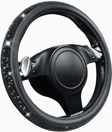 Bling Diamond Leather Steering Wheel Cover, With Sparkly Crystal Glitter Rhinestones Universal Fit 14