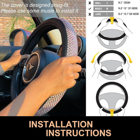 Bling Bling Comfy Steering Wheel Cover with Jumbo Crystal Rhinestones, Anti-Slip Diamond Leather, Universal 15 Inch (Pink)