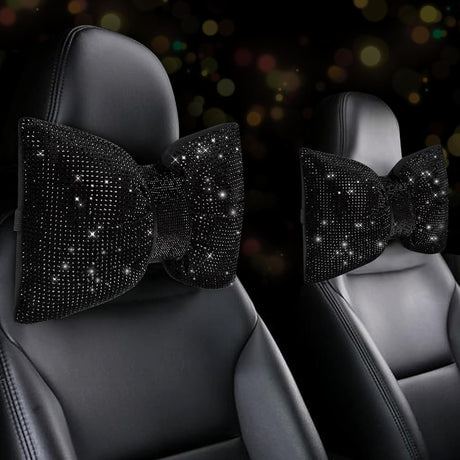 2 PCS Bling Car Pillows,Rhinestones Bowknot Car Headrest Pillow,Car Neck Pillow for Driver Relax Necksupport,Sleeping Travel Support Neck Pillow,Shiny Diamond Interior Accessories for Women,Black
