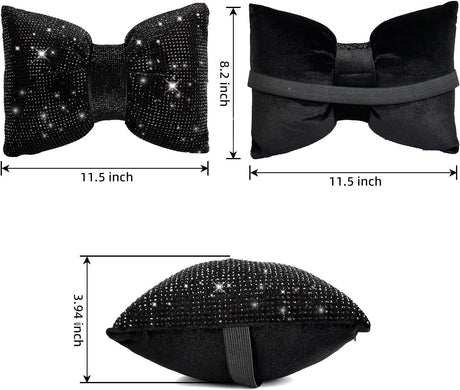 2 PCS Bling Car Pillows,Rhinestones Bowknot Car Headrest Pillow,Car Neck Pillow for Driver Relax Necksupport,Sleeping Travel Support Neck Pillow,Shiny Diamond Interior Accessories for Women,Black