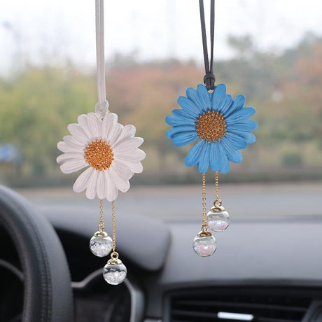 Daisy Car Hanging Ornaments for Women Girls Cute Sunflower Car Rear View Mirror Hanging Charms Automotive Interior Aesthetic Decoration Accessories Gift (White)