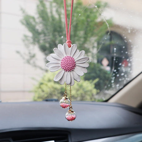 Daisy Car Hanging Ornaments for Women Girls Cute Sunflower Car Rear View Mirror Hanging Charms Automotive Interior Aesthetic Decoration Accessories Gift (White & Pink)