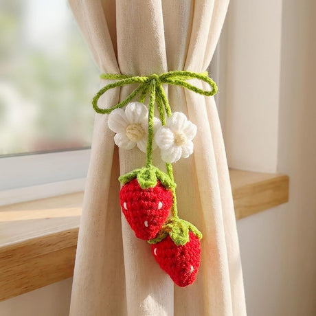 Handmade Crochet Red Strawberry and Flower Car Rear View Mirror Hanging Ornament - Cute Aesthetic Car Accessories for Women and Teens