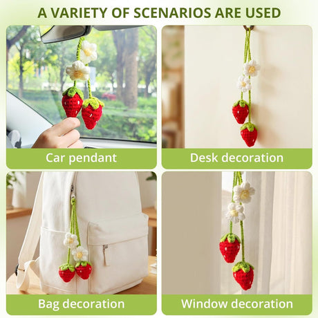 Handmade Crochet Red Strawberry and Flower Car Rear View Mirror Hanging Ornament - Cute Aesthetic Car Accessories for Women and Teens