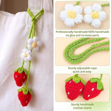Handmade Crochet Red Strawberry and Flower Car Rear View Mirror Hanging Ornament - Cute Aesthetic Car Accessories for Women and Teens
