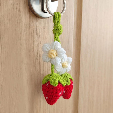 Handmade Crochet Red Strawberry and Flower Car Rear View Mirror Hanging Ornament - Cute Aesthetic Car Accessories for Women and Teens