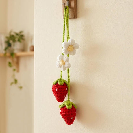 Handmade Crochet Red Strawberry and Flower Car Rear View Mirror Hanging Ornament - Cute Aesthetic Car Accessories for Women and Teens