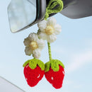 Handmade Crochet Red Strawberry and Flower Car Rear View Mirror Hanging Ornament - Cute Aesthetic Car Accessories for Women and Teens