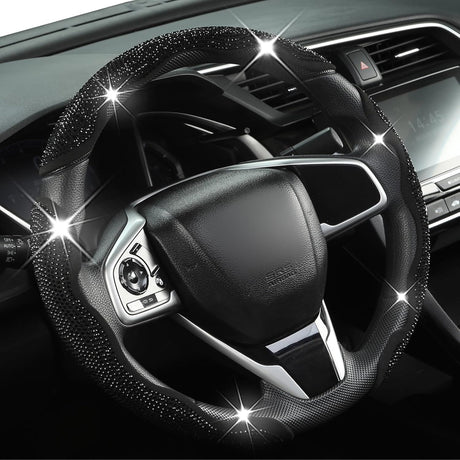 Diamond Bling Car Steering Wheel Cover with Crystal Rhinestones,3PCS Segmented Steering Wheel Protector,Universal for 99% Cars for Women(Black with Black Diamond)