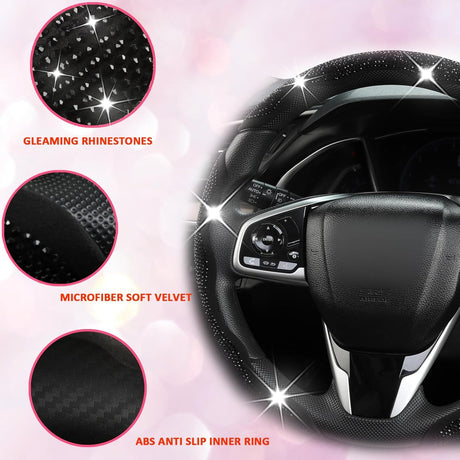Diamond Bling Car Steering Wheel Cover with Crystal Rhinestones,3PCS Segmented Steering Wheel Protector,Universal for 99% Cars for Women(Black with Black Diamond)