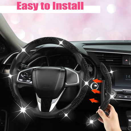 Diamond Bling Car Steering Wheel Cover with Crystal Rhinestones,3PCS Segmented Steering Wheel Protector,Universal for 99% Cars for Women(Black with Black Diamond)