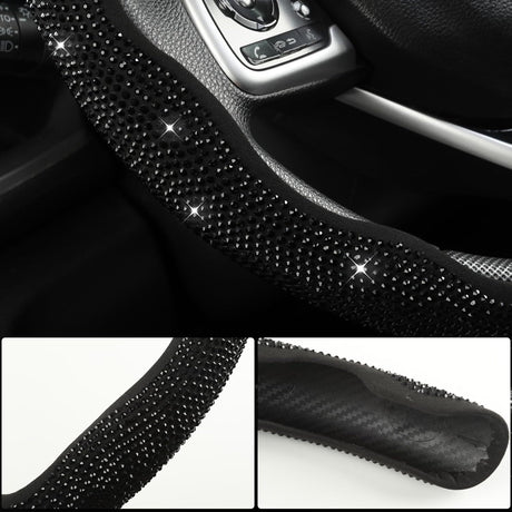 Diamond Bling Car Steering Wheel Cover with Crystal Rhinestones,3PCS Segmented Steering Wheel Protector,Universal for 99% Cars for Women(Black with Black Diamond)