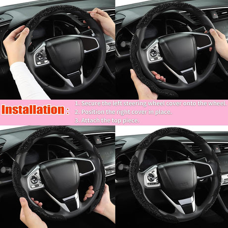 Diamond Bling Car Steering Wheel Cover with Crystal Rhinestones,3PCS Segmented Steering Wheel Protector,Universal for 99% Cars for Women(Black with Black Diamond)