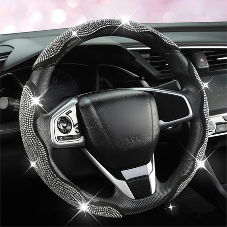 Diamond Bling Car Steering Wheel Cover with Crystal Rhinestones,3PCS Segmented Steering Wheel Protector,Universal for 99% Cars for Women(Black with White Diamond)