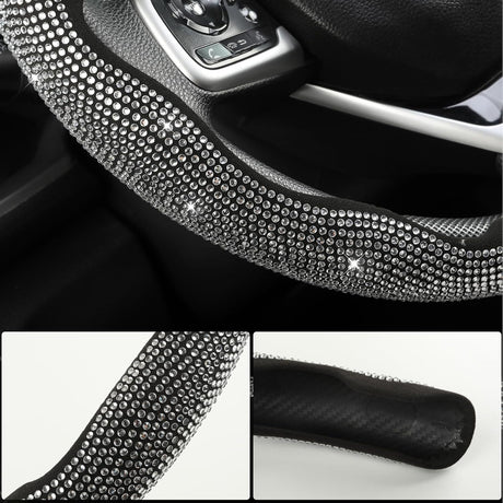 Diamond Bling Car Steering Wheel Cover with Crystal Rhinestones,3PCS Segmented Steering Wheel Protector,Universal for 99% Cars for Women(Black with White Diamond)