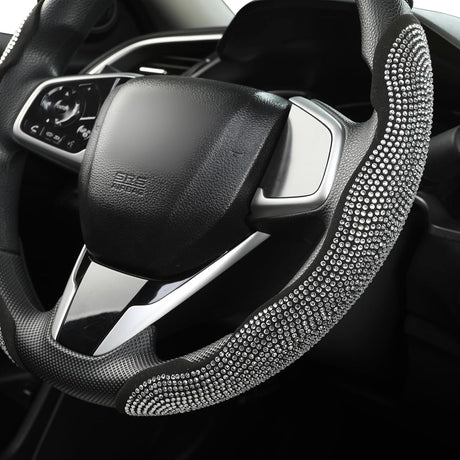 Diamond Bling Car Steering Wheel Cover with Crystal Rhinestones,3PCS Segmented Steering Wheel Protector,Universal for 99% Cars for Women(Black with White Diamond)