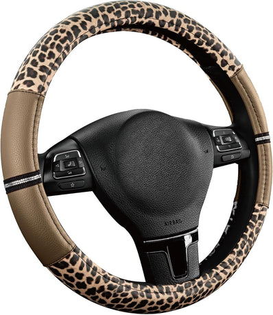 Leopard Steering Wheel Cover for Women, Cute Anti-Slip Microfiber Leather, Universal Fit 14.5-15 Inch Round Steering Wheel - Beige