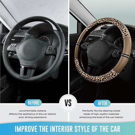 Leopard Steering Wheel Cover for Women, Cute Anti-Slip Microfiber Leather, Universal Fit 14.5-15 Inch Round Steering Wheel - Beige