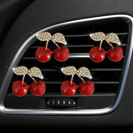 4 Pcs Cherry Car Air Vent Freshener Clip, Rhinestone Car Air Outlet Fragrance Freshener, Bling Cute Automobile Accessories Decoration for Women,Air Fresheners Decor（Odor Random）