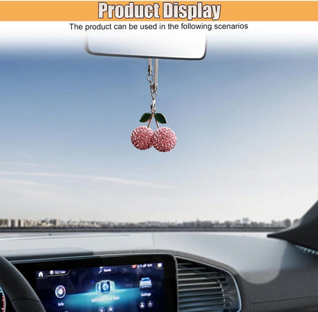 Bling Cherry Car Rear View Mirror Charm, Sparkly Rhinestones Automotive Decoration Pendant, Cute Vehicle Interior Hanging Ornament, Lucky Present for Women, Girl (Pink)