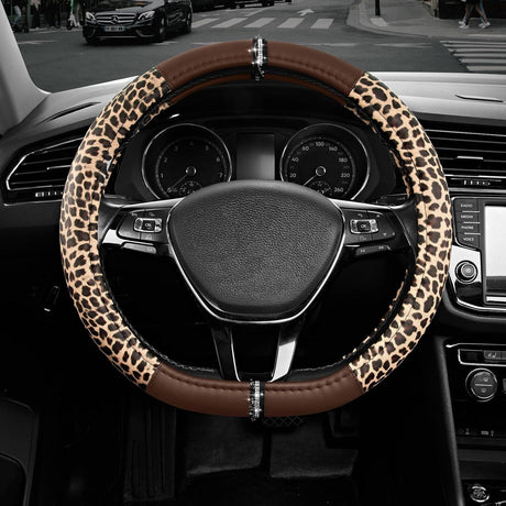 Leopard Steering Wheel Cover for Women, Cute Anti-Slip Microfiber Leather, Fits D Shape Flat Bottom Steering Wheel 14.5-15 Inch - Brown