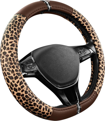 Leopard Steering Wheel Cover for Women, Cute Anti-Slip Microfiber Leather, Fits D Shape Flat Bottom Steering Wheel 14.5-15 Inch - Brown