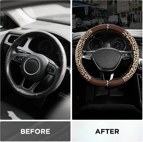 Leopard Steering Wheel Cover for Women, Cute Anti-Slip Microfiber Leather, Fits D Shape Flat Bottom Steering Wheel 14.5-15 Inch - Brown