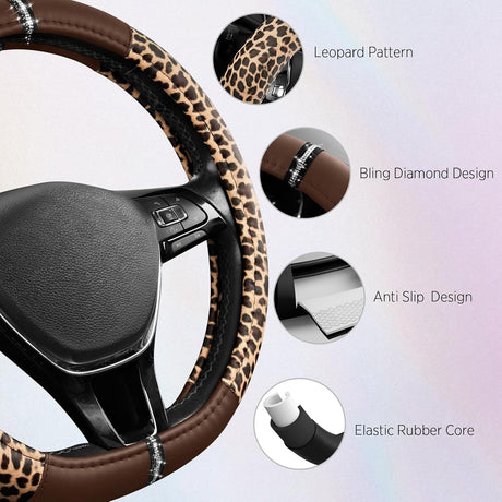 Leopard Steering Wheel Cover for Women, Cute Anti-Slip Microfiber Leather, Fits D Shape Flat Bottom Steering Wheel 14.5-15 Inch - Brown