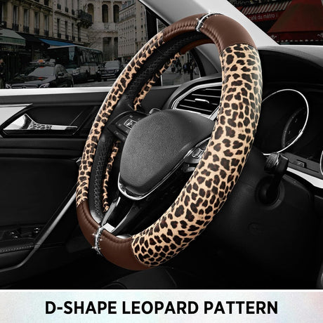 Leopard Steering Wheel Cover for Women, Cute Anti-Slip Microfiber Leather, Fits D Shape Flat Bottom Steering Wheel 14.5-15 Inch - Brown