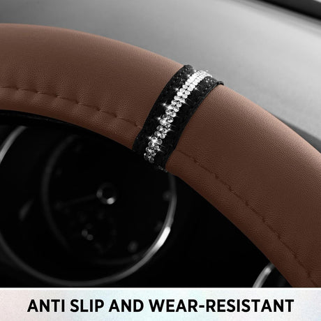 Leopard Steering Wheel Cover for Women, Cute Anti-Slip Microfiber Leather, Fits D Shape Flat Bottom Steering Wheel 14.5-15 Inch - Brown
