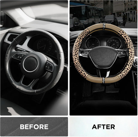 Leopard Steering Wheel Cover for Women, Cute Anti-Slip Microfiber Leather, Fits D Shape Flat Bottom Steering Wheel 14.5-15 Inch - Beige