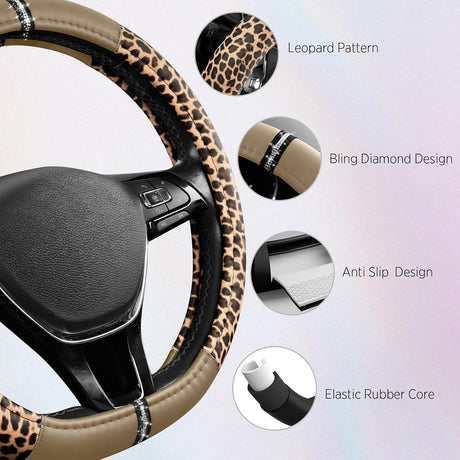Leopard Steering Wheel Cover for Women, Cute Anti-Slip Microfiber Leather, Fits D Shape Flat Bottom Steering Wheel 14.5-15 Inch - Beige