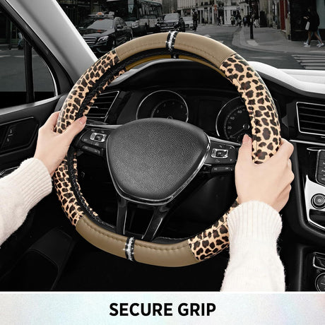 Leopard Steering Wheel Cover for Women, Cute Anti-Slip Microfiber Leather, Fits D Shape Flat Bottom Steering Wheel 14.5-15 Inch - Beige