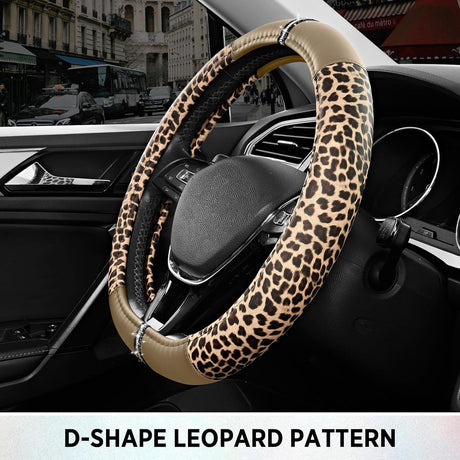Leopard Steering Wheel Cover for Women, Cute Anti-Slip Microfiber Leather, Fits D Shape Flat Bottom Steering Wheel 14.5-15 Inch - Beige