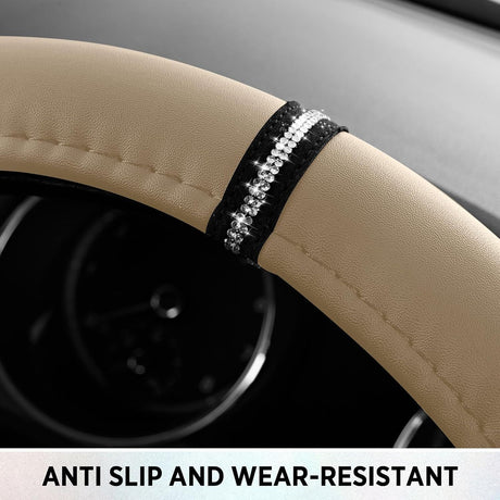 Leopard Steering Wheel Cover for Women, Cute Anti-Slip Microfiber Leather, Fits D Shape Flat Bottom Steering Wheel 14.5-15 Inch - Beige