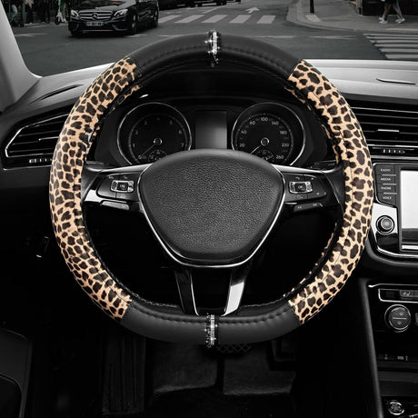 Leopard Steering Wheel Cover for Women, Cute Anti-Slip Microfiber Leather, Fits D Shape Flat Bottom Steering Wheel 14.5-15 Inch - Black