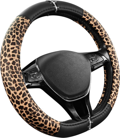Leopard Steering Wheel Cover for Women, Cute Anti-Slip Microfiber Leather, Fits D Shape Flat Bottom Steering Wheel 14.5-15 Inch - Black