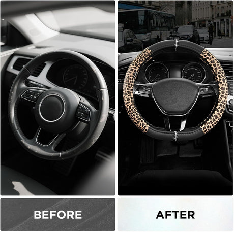 Leopard Steering Wheel Cover for Women, Cute Anti-Slip Microfiber Leather, Fits D Shape Flat Bottom Steering Wheel 14.5-15 Inch - Black