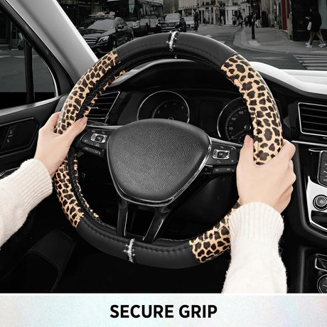 Leopard Steering Wheel Cover for Women, Cute Anti-Slip Microfiber Leather, Fits D Shape Flat Bottom Steering Wheel 14.5-15 Inch - Black
