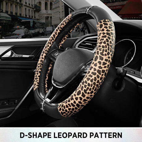 Leopard Steering Wheel Cover for Women, Cute Anti-Slip Microfiber Leather, Fits D Shape Flat Bottom Steering Wheel 14.5-15 Inch - Black