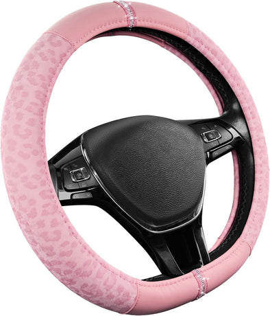 Leopard Steering Wheel Cover for Women, Cute Anti-Slip Microfiber Leather, Fits D Shape Flat Bottom Steering Wheel 14.5-15 Inch - Pink and Pink Leapoard