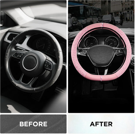 Leopard Steering Wheel Cover for Women, Cute Anti-Slip Microfiber Leather, Fits D Shape Flat Bottom Steering Wheel 14.5-15 Inch - Pink and Pink Leapoard
